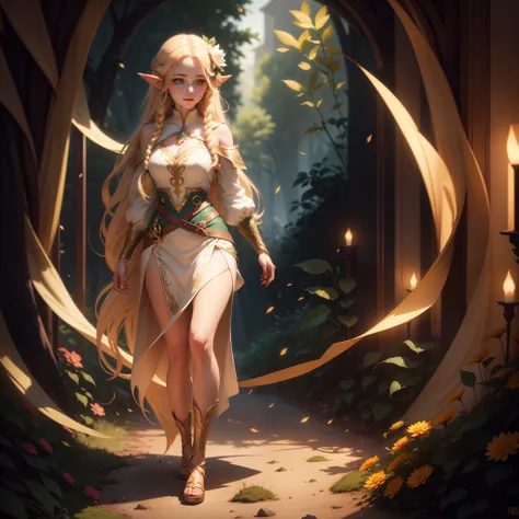 cute elf, long golden hair, flowers in hair, golden eyes, cute dress, full body, artstation, illustration, dynamic soft lighting, fantasy framing, high resolution 4k, hdr, stylistic,