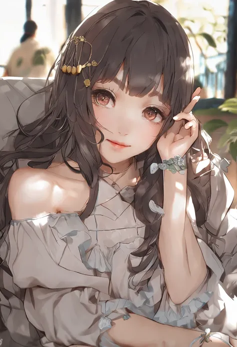 There is a woman sitting on a sofa with her hand on her chin, real life anime girl, sakimichan, Korean Girl, beautiful Korean women, ulzzangs, あかさたなは on twitter, chiho, zora々Shishi Japan of Girls, with round face, with long hair and piercing eyes