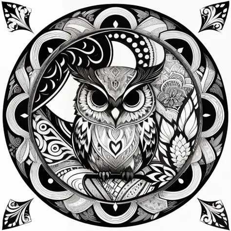 zentangle, fine line art, fine line drawing, coloring book illustratio style, vector art, white and black  graffiti illustration,owl, in the center, white and black colors, paint splashes and blots, Adobe Illustrator, high detail, whitebackground