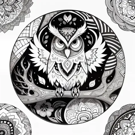 zentangle, fine line art, fine line drawing, coloring book illustratio style, vector art, white and black  graffiti illustration,owl, in the center, white and black colors, paint splashes and blots, Adobe Illustrator, high detail, whitebackground