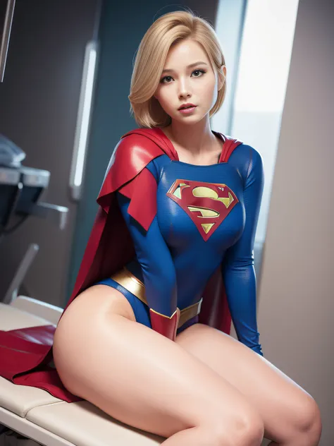 ​masterpiece,Supergirl Costume, short-hair, bare-legged, large full breasts,surgery room、Operating table、straddle、depraved、shiny、Looking at the camera、