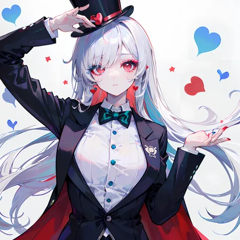 ((Masterpiece)), ((Best Quality)), ((Best Quality)), (Illustration of One Girl), Emerald Green Long Hair, (((Tall)), (White Skin), Red Eyes, Blue Eyeliner, ((Makeup with a heart symbol around the left eye)), ((Tuxedo)), (Top Hat)), Clown, (Circus)