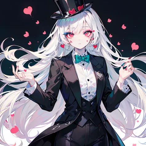 ((Masterpiece)), ((Best Quality)), ((Best Quality)), (Illustration of One Girl), Emerald Green Long Hair, (((Tall)), (White Skin), Red Eyes, Blue Eyeliner, ((Makeup with a heart symbol around the left eye)), ((Tuxedo)), (Top Hat)), Clown, (Circus)