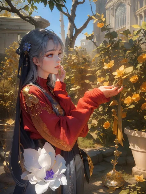 Purple ribbon，laughingly，The hair is covered with beautiful and delicate floral craftsmanship, Crystal jewelry filigree，jewelry，Ultra-detailed details，Beautiful aristocratic girl，Gray hair is elegantly coiled，(((Silvertone)))，((((golden colored))))。Blue an...