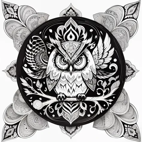 zentangle, fine line art, fine line drawing, coloring book illustratio style, vector art, white and black  graffiti illustration,owl, in the center, white and black colors, paint splashes and blots, Adobe Illustrator, high detail, whitebackground