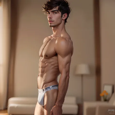 man in white brief underwear standing in a living room, model with attractive body, male model, beautiful handsome body, mid-shot of a hunky, by Adam Dario Keel, attractive body, prefect body, sporty physique, photorealistic perfect body, shot with canon e...