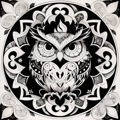 zentangle, fine line art, fine line drawing, coloring book illustratio style, vector art, white and black  graffiti illustration,owl, in the center, white and black colors, paint splashes and blots, Adobe Illustrator, high detail, whitebackground