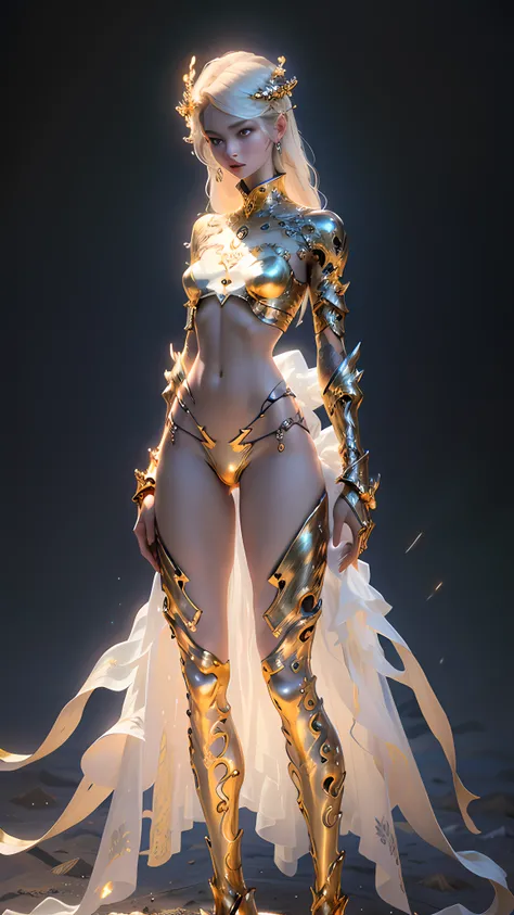 Masterpiece, highly creative digital CG work, a beautiful and proud human void goddess, supermodel, gorgeous clothes on gold patterns, full body white transparent bikini standing under the wild empty night stars, disappearing transparent pants, full body s...