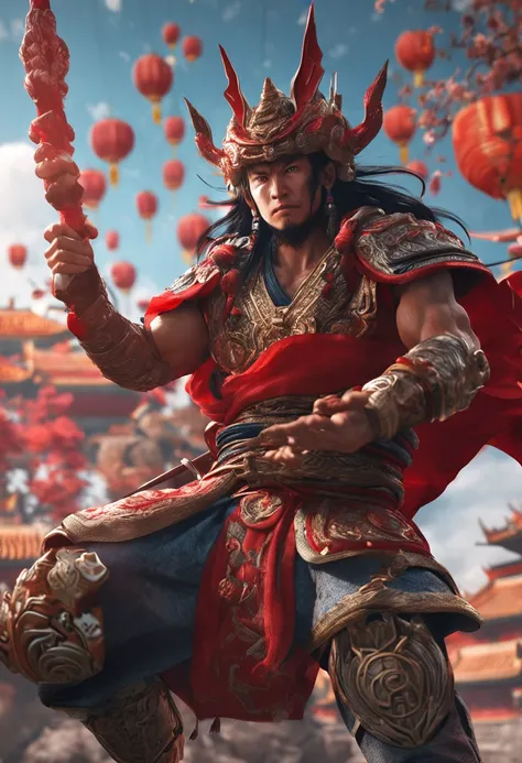 Goku as Chinese warrior in red robes, Dynasty warrior style, Elaborate and gorgeous CGI anime style, Luffy, 8K highly detailed digital effect fantasy, cgsociety 9, epic digital art illustration, and Mumford and Alex Gray style, Bio-luminescence