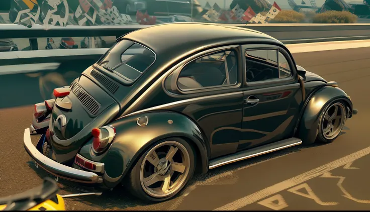 there's a volkswagen beetle ,(black metallic paint,preta brilhante , sport wheel variations, com pretasvolkswagen estacionamento...