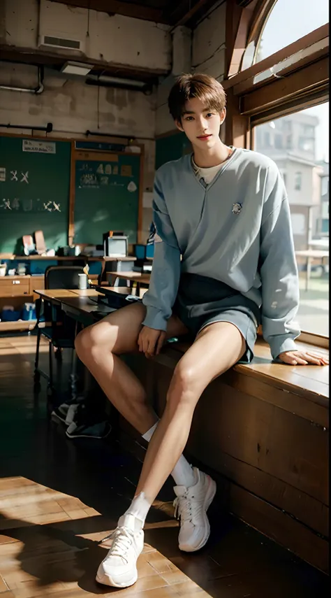 （a 15-year-old junior high school boy sits in a classroom：2），positive perspective，（malefocus），（full bodyesbian）height 200 cm，lon...