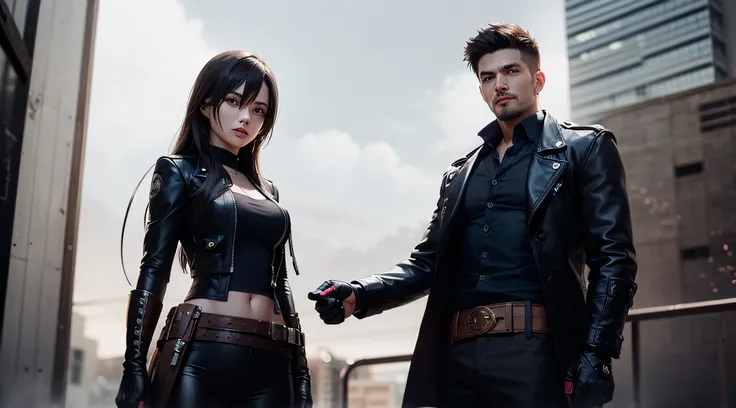 They are dressed in leather and holding hands in a city, gama murata e artgerm, Resident Evil Inspirado, medium shot of two characters, fundo do jogo Resident Evil, badass anime 8 k, Resident Evil, Sakimichan e Frank Franzzeta, roupas de couro, estilo de j...