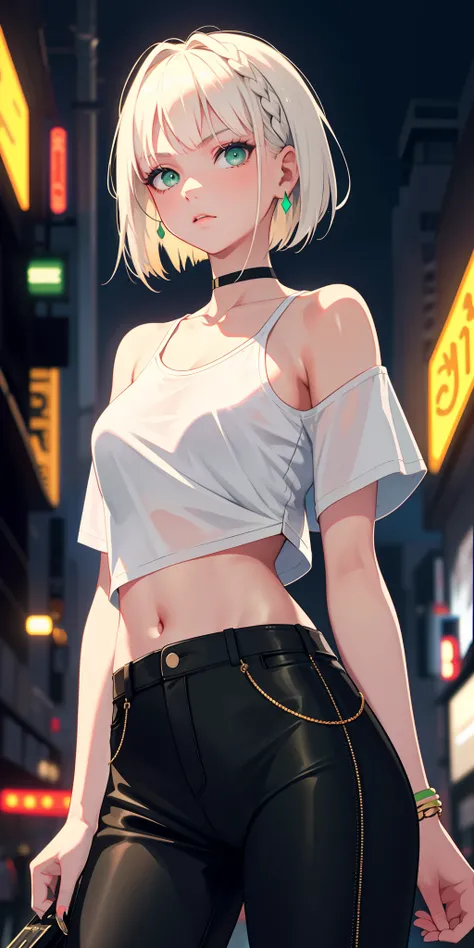 masterpiece, best quality, nsfw, 1girl, platinum blonde hair, short hair, green eyes, braids, small perky breasts, on the street, night, neon light, white t-shirt, braless, black pants, poker face, front view, standing, in crowd,