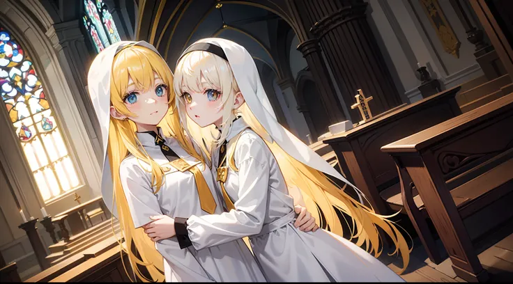 Yellow hair，Place your hands on each others chests，teens girl，Nun attire，The background is the church，Heterochromic pupils，Enhance the light，There is a crystal deer next to the sound