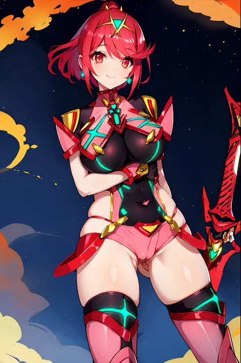 pyra (xenoblade), teen_1girl, loli, armor, bangs, black gloves, breasts, red eyes, light_close_mouth, earrings, eyelashes, fingerless gloves, floating hair, framed breasts, gem, gloves, hair ornament, headpiece, jewelry, big_breasts, leaning back, leotard,...