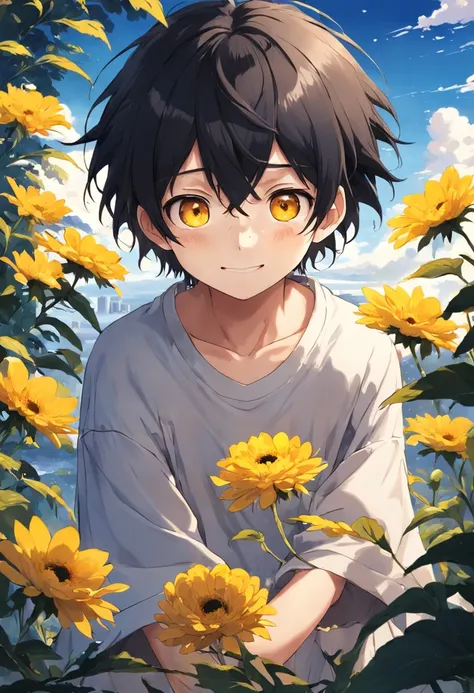 Boy Anime Cute Shy, Big Eyes, Smile, Tear Mole under Left Eye 17 years old, Yellow Chrysanthemum Short Sleeves, Black Bangs, Environment with Clouds, Bird, by the sea