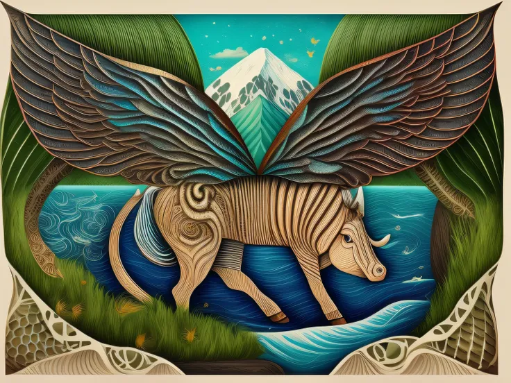 A cow，It has fish scales，snake tail，There are wings on the ribs，mythological creatures，Inspired by the Classic of Mountains and Seas