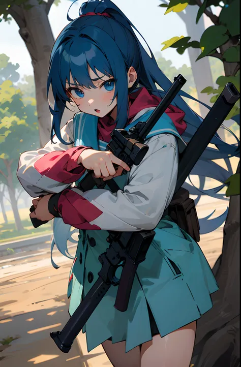 girl anime, 18yo, home, tree, book, , gun