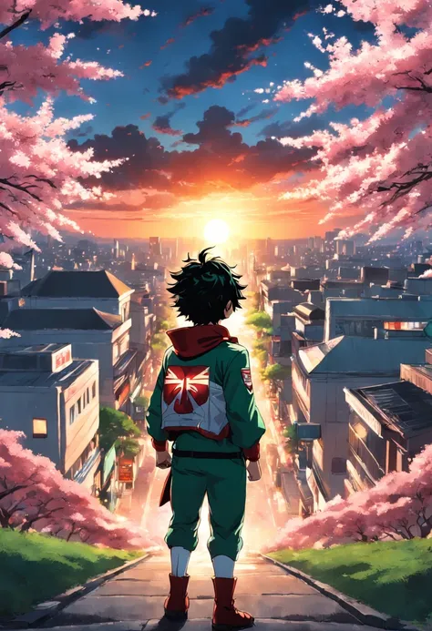 Create a movie poster inspired by Kohei Horikoshis "My Hero Academia" style, featuring Deku in his hero uniform gazing into the sunset over Cherry Blossom City back turned to the camera