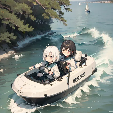 On the lake，Waves bloom，Loli,elementary student，A little girl driving a yacht，独奏, (with short white hair:1.2),