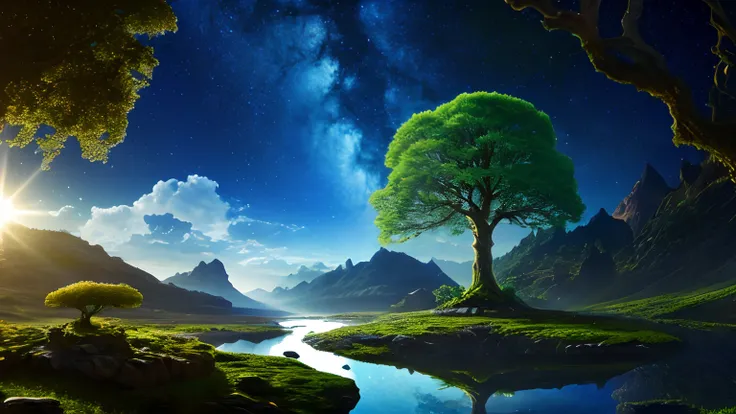 Illustration of a hyperrealistic , otherworldly, ultrasky scene featuring a giant crystal tree full body,very detailed and magical lighting, intricate forest details, vegetation and river around, solarpunk ,landscape, giant tree, beatifull leafy with beaut...