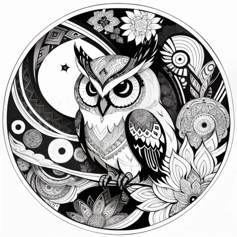 zentangle, fine line art, fine line drawing, coloring book illustratio style, vector art, white and black  graffiti illustration,owl, in the center, white and black colors, paint splashes and blots, Adobe Illustrator, high detail, whitebackground