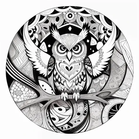 zentangle, fine line art, fine line drawing, coloring book illustratio style, vector art, white and black  graffiti illustration,owl, in the center, white and black colors, paint splashes and blots, Adobe Illustrator, high detail, whitebackground