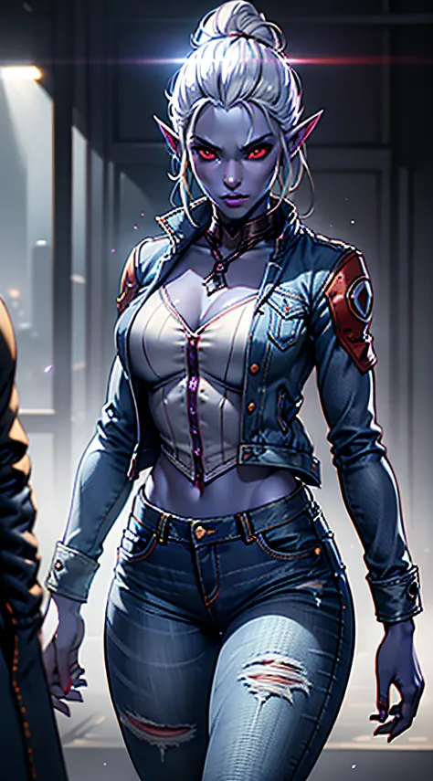 1girl, sexy drow, dark purple-blue skin, pale silver hair bun, ((red eyes)), elf ears, wears ((opened denim jacket)) and ((jeans)), ((cast light magic)), posing on a busy streer, athletic, volumetric lighting, best quality, masterpiece, realistic, anatomic...