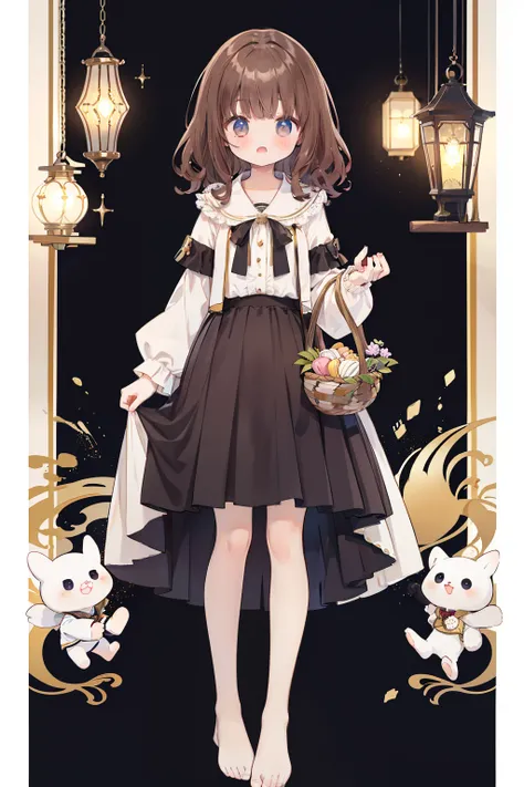 Standing Picture、full body Esbian、One girl、Brown hair、Medium hair、hair straight、Robe、Surprised.、coward、Curly skirt、white  shirt、rolled up sleeves、Holding a basket、tmasterpiece、Top image quality、top-quality