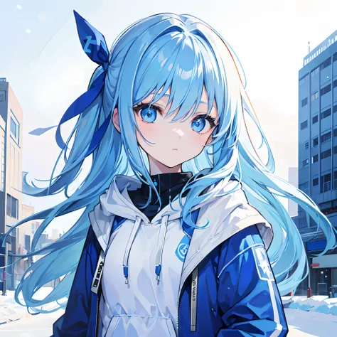 1girl, with light blue hair and blue eyes, wearing a hair ribbon and a blue and white hoodie. The scene is set in winter, with the girl looking directly at the viewer. This image can be used as a profile picture.City background.