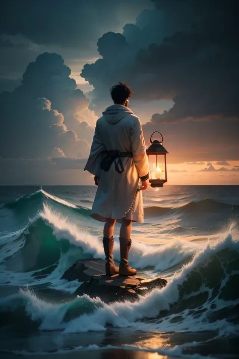 Depict a lone individual standing strong amidst a stormy sea, holding a lantern that emanates a warm and guiding light, symbolizing the unwavering power of faith.