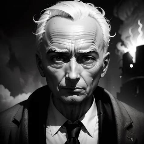 "High contrast black and white portrait capturing the intense expression of Robert J. Oppenheimer. Dramatic lighting emphasizes his features against an atomic explosion backdrop."