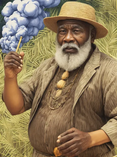 wise black man, old, fat, with a straw hat, a pipe in his mouth with a lot of smoke. Wearing slave clothes, holding two coconuts in his hands. His expression is calm and serene. He has white hair and beard. He emanates golden energy from his body. --auto -...