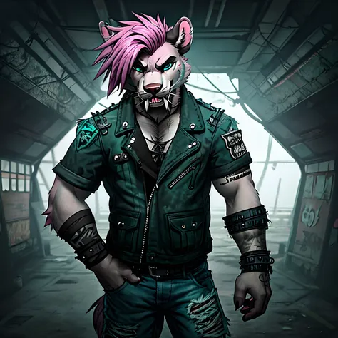 (solo),  sabertooth with teal fur and pink undercut hair, fangs, muscular,  grunge punk theme, dystopia, full body