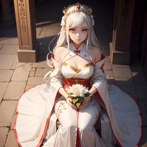 There was a woman in a white dress sitting on the stone floor, Palace ， A girl in Hanfu, Guviz-style artwork, Guviz, a beautiful fantasy empress, white-haired god, ((a beautiful fantasy empress)), White Hanfu, Anime goddess, guweiz masterpiece, Gorgeous Ro...