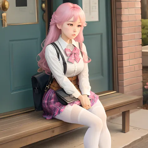 Pink JK plaid skirt white tights looking up Tsundere Shy