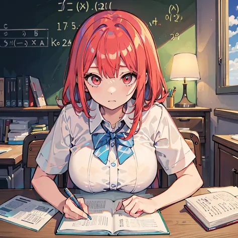 Beautiful woman　Studying　Focused face　on desk　inside in room　By morning　with light glowing　Morning view　Test Preparation　Pupils　red hairs　Studying Mathematics　huge tit