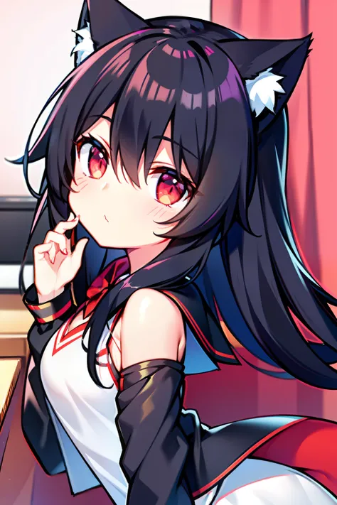 Black hair, Cat ears, Cat girl, Red eyes, Student clothes，