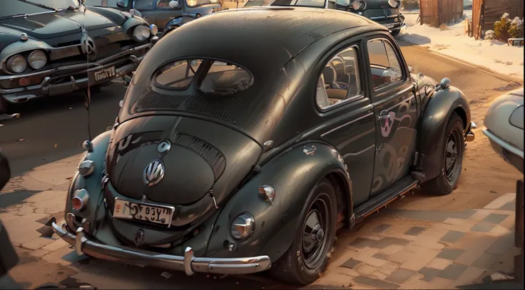 there is a volkswagen beetle year 1953 ,(black metallic paint), wheel variations, cor pretas e cromadas ,volkswagen estacionamen...