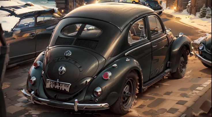 there is a volkswagen beetle year 1953 ,(black metallic paint), wheel variations, cor pretas e cromadas ,volkswagen estacionamen...