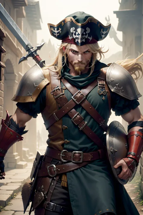 A heroic fighter in a plate armor that is pirate-style, who carries a greatsword on his back, Blonde kurze Haare hat und einen Vollbart, der auf einem Piratenschiff steht