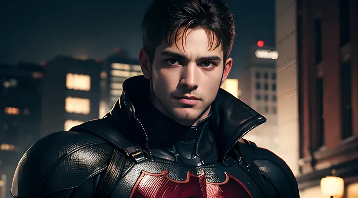 ((Men only)), (head shot), (face only),  (handsome muscular man in his 20s), (batman), (Batmans appearance is characterized by a cowl, cape, and suit, adorned with a red distinctive bat emblem,), (Chris Redfield), (Mischievous smile), (detaile: 1 in 1), Na...