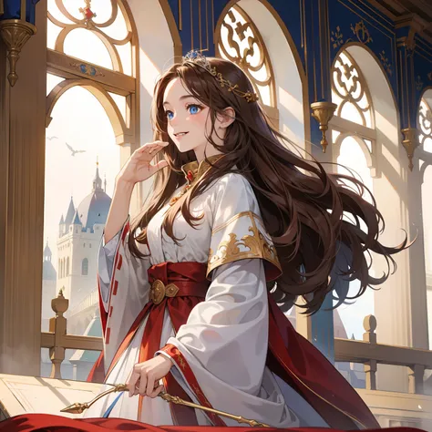 High quality, masterpiece, great detailed, perfect face, clean emotions! Clear eyes, medieval, dramatic lighting, girl with curly long brown hair and blue eyes in white holy knight clothes and red robe is smiling brightly!!!! Bright smile!!! In banquet hal...