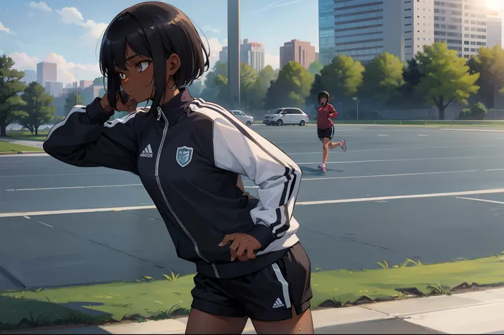 cap，track suit，teens girl，Bring headphones，with a park in the background，jogging，with short black hair，Dark skin，There is the sun，In sweating，Light intensification