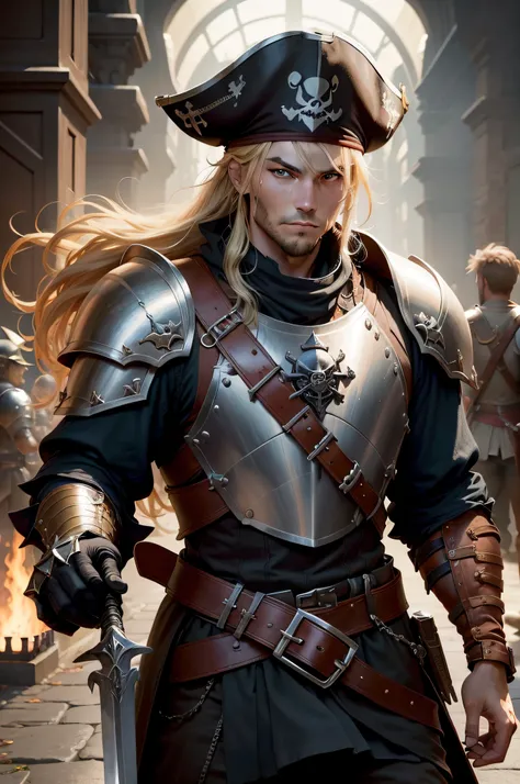 A heroic fighter in a plate armor that is pirate-style, who carries a greatsword on his back, Blonde kurze Haare hat und einen Vollbart, der auf einem Piratenschiff steht