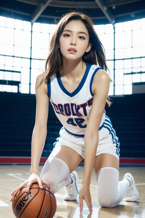 ((Top Quality, 8k, Masterpiece: 1.3)), (kneeling on the floor, open legs :1.2), Perfect Body Beauty: 1.4, large_breasts, Beautiful Woman, 1 Woman, Big: 1.4, Slender Figure: 1.1, Toned Abs, Dark Brown Hair, (basketball, Wet Body, basketball Uniform: 1.1), U...