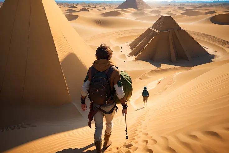 bird’s eye view of Kael, a young man with brown hair and green eyes wearing a dusty leather jacket and a scarf and carrying a heavy backpack, walking alone through the vast golden desert with towering dunes and swirling sand under the scorching sun that ca...