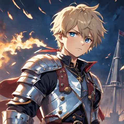 Meisterwerk, best qulaity, Standbild, Male Western European pirate with blond short hair, Radiant Silver Armor, Zweihandschwert und schillernden Emblemen auf den Schulterpanzern (Funken: 0,7)