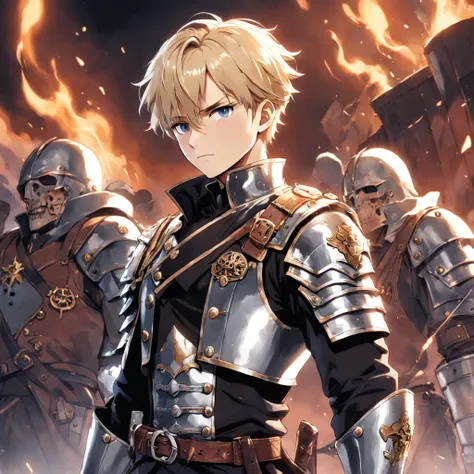 Meisterwerk, best qulaity, Standbild, Male Western European pirate with blond short hair, Radiant Silver Armor, Zweihandschwert und schillernden Emblemen auf den Schulterpanzern (Funken: 0,7)