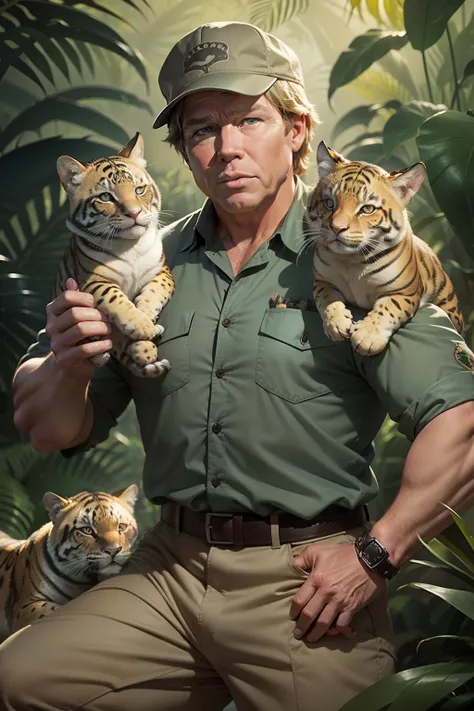 "Steve Irwin, the legendary wildlife conservationist and television personality, in a captivating and dynamic pose surrounded by exotic animals in their natural habitat."